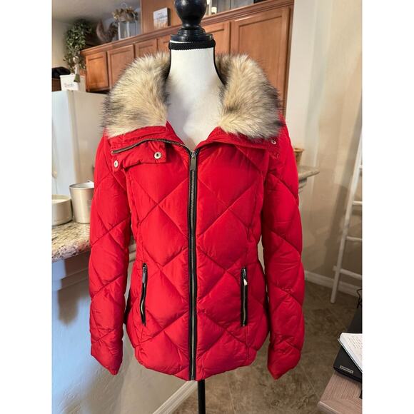 New York & Company Red Puffer Jacket with Fur Collar - Picture 2 of 8